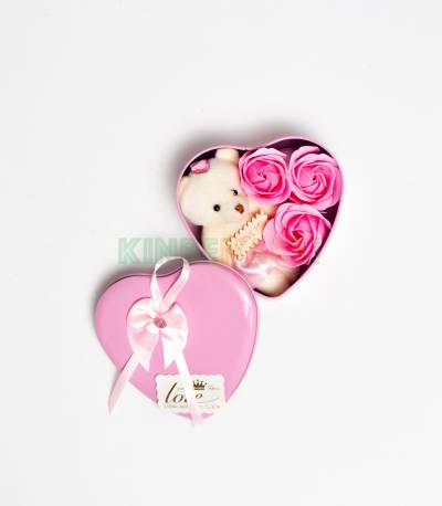 Heart Shape Pink Gift Box With Flower And Teddy Bear (Medium)
