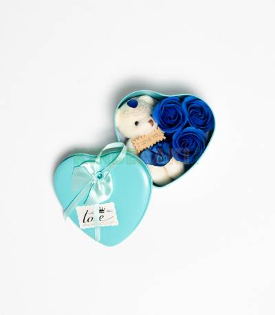 Heart Shape Sayan Gift Box With Flower And Teddy Bear (Medium)